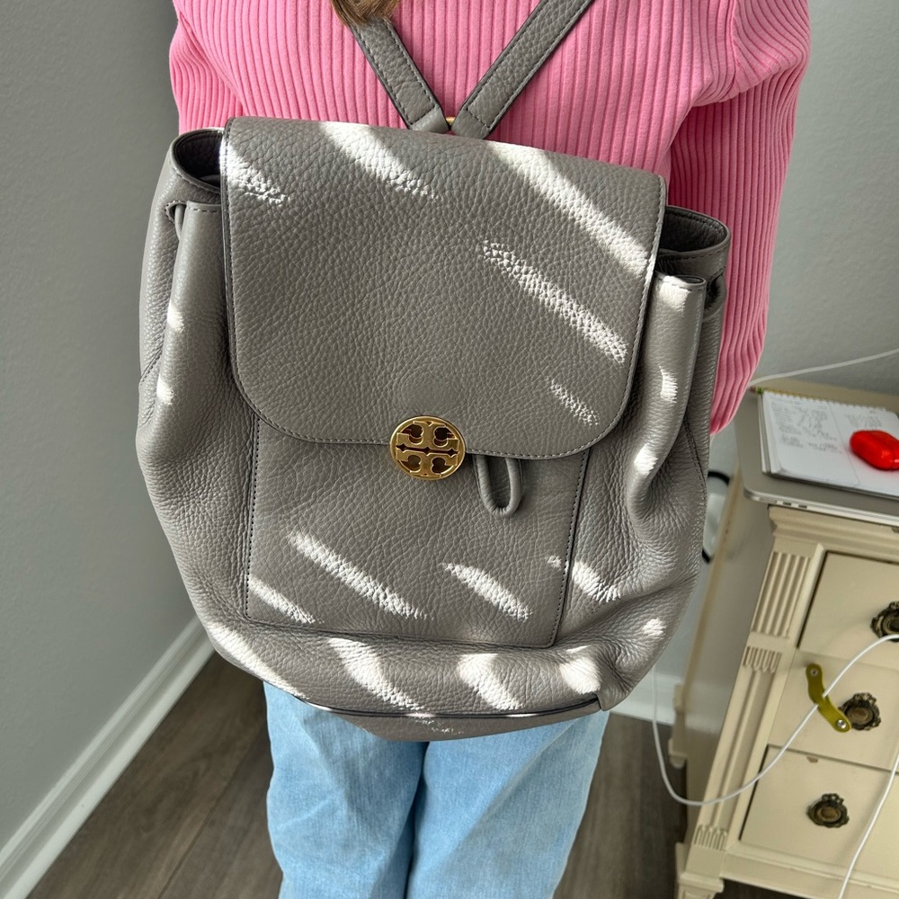 Tory Burch Taupe Pebbled Leather Backpack with Gold Logo
